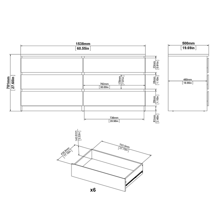 Brook Wide Chest of 6 Drawers (3+3) in White High Gloss | Chest of Drawers | Drawers 