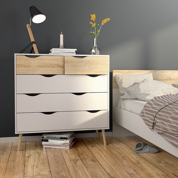 Luton Chest of 5 Drawers in White and Oak | Chest of Drawers | Drawers 