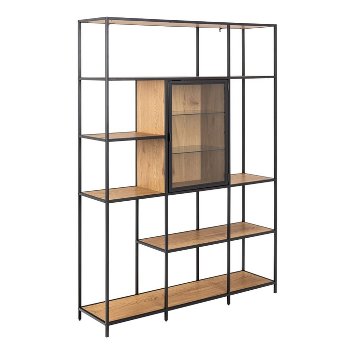 Wishaw Bookcase with 7 Shelves and Glass Front Display in Black and Oak | Dining Cabinet | Dining Cabinets