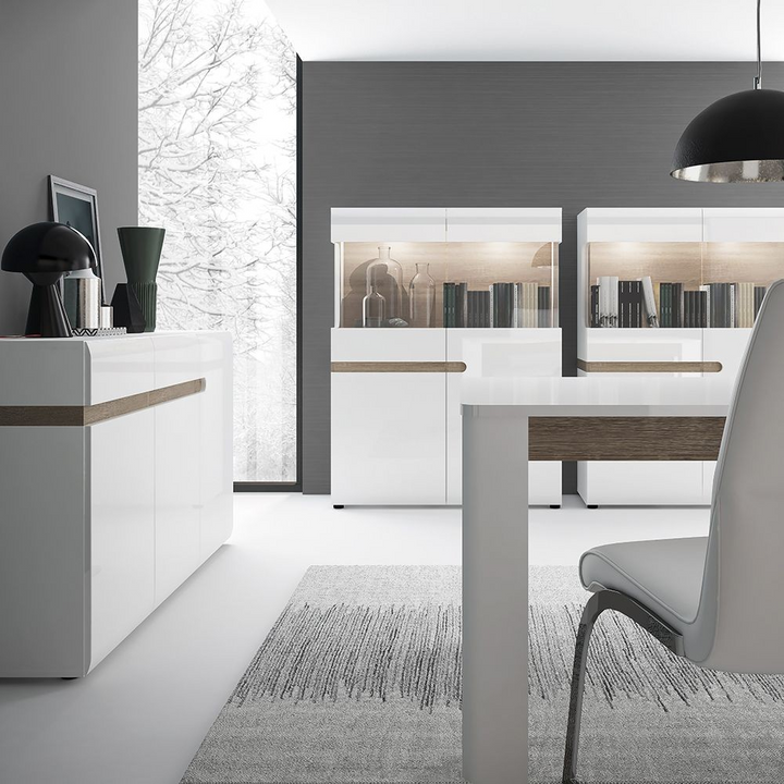 Cheadle Living Low Display Cabinet 109cm Wide in White with a Truffle Oak Trim | Dining Cabinet | Dining Cabinets