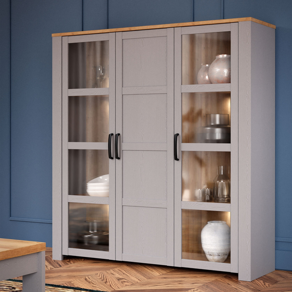 Hitchin 3 Door Large Display Cabinet in Riviera Oak/Grey Oak | Dining Cabinet | Dining Cabinets