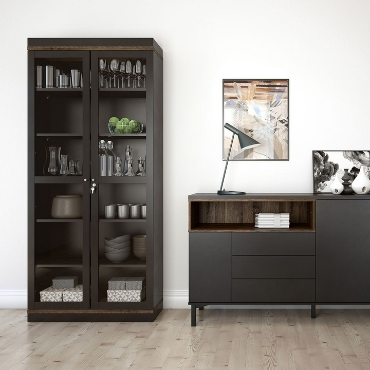 Spalding Display Cabinet Glazed 2 Doors in Black and Walnut | Dining Cabinet | Dining Cabinets