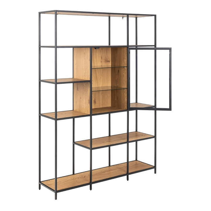 Wishaw Bookcase with 7 Shelves and Glass Front Display in Black and Oak | Dining Cabinet | Dining Cabinets