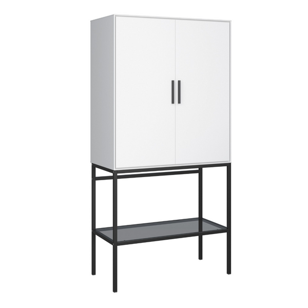 Wickford 2 Door Tall Cabinet in Pure White with Steel Black Legs | Dining Cabinet | Dining Cabinets