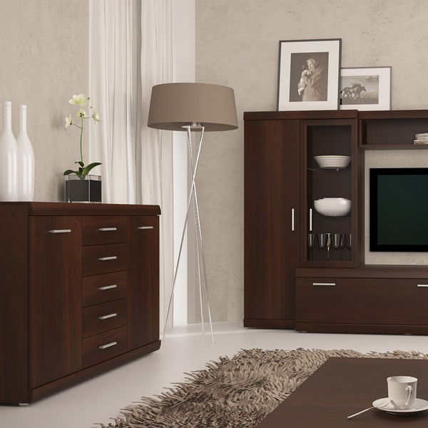 Billingham 2 Door 3 Drawer Glazed Display Cabinet in Dark Mahogany Melamine | Dining Cabinet | Dining Cabinets