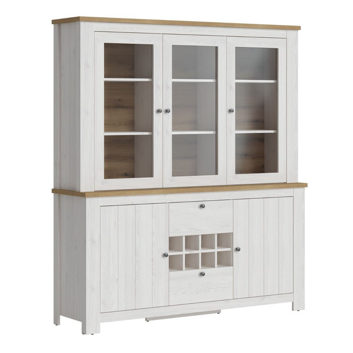 Deal 2 Door 2 Drawer Sideboard with 3 Door Display Top Unit in White and Oak | Dining Cabinet | Dining Cabinets