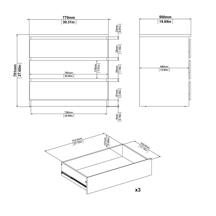 Brook Chest of 3 Drawers in White High Gloss | Chest of Drawers | Drawers 