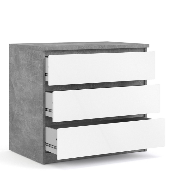 Brook Chest of 3 Drawers in Concrete and White High Gloss | Chest of Drawers | Drawers 