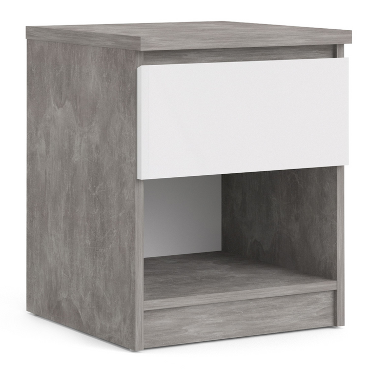 Brook Bedside 1 Drawer 1 Shelf in Concrete and White High Gloss | Bedside Cabinet | Bedside Cabinets | Bedroom Cabinet