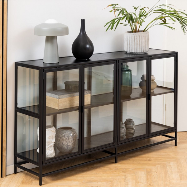 Wishaw Display Cabinet with 4 Doors and 2 Shelves in Black and Oak | Dining Cabinet | Dining Cabinets