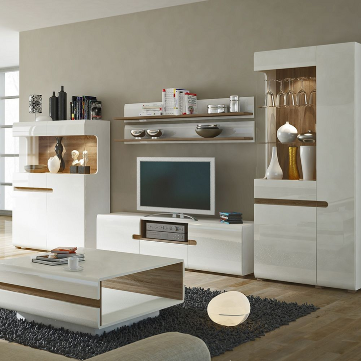 Cheadle Living Tall Glazed Narrow Display Unit (LHD) in White with a Truffle Oak Trim | Dining Cabinet | Dining Cabinets