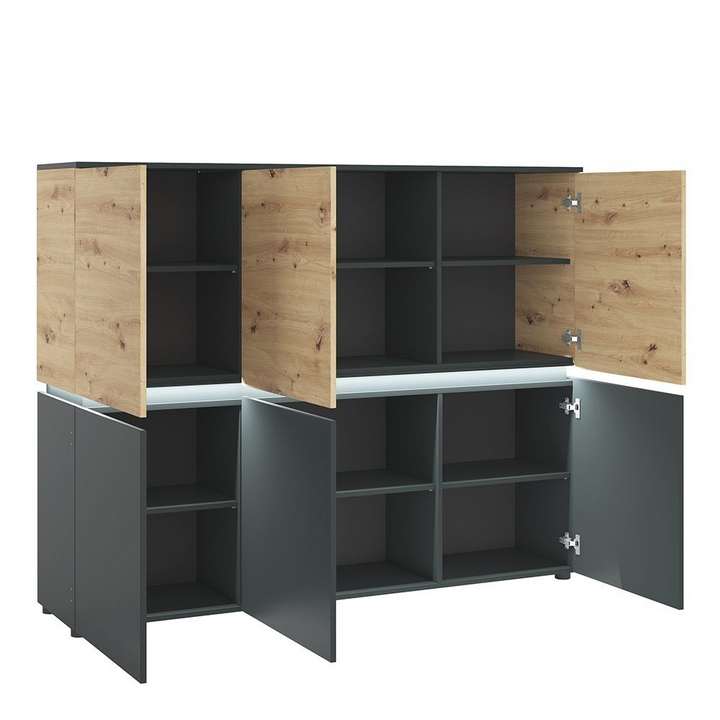 Ecclesfield 6 Door Cabinet (including LED lighting) in Platinum and Oak | Dining Cabinet | Dining Cabinets