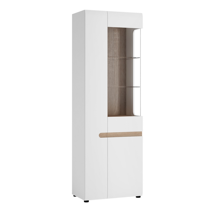 Cheadle Living Tall Glazed Narrow Display Unit (LHD) in White with a Truffle Oak Trim | Dining Cabinet | Dining Cabinets