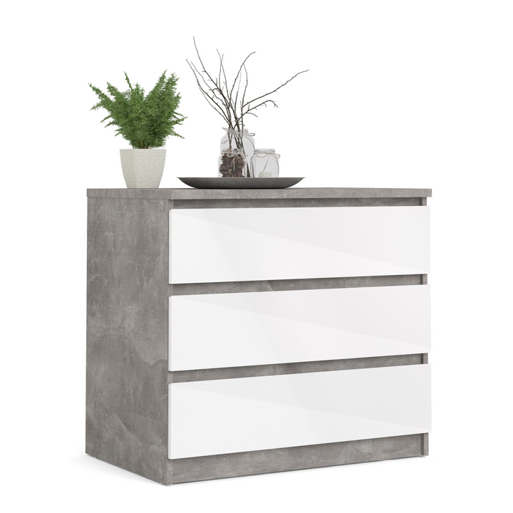 Brook Chest of 3 Drawers in Concrete and White High Gloss | Chest of Drawers | Drawers 