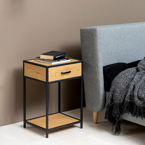 Arnold Bedside Table with 1 Drawer in Black & Oak | Bedside Cabinet | Bedside Cabinets | Bedroom Cabinet