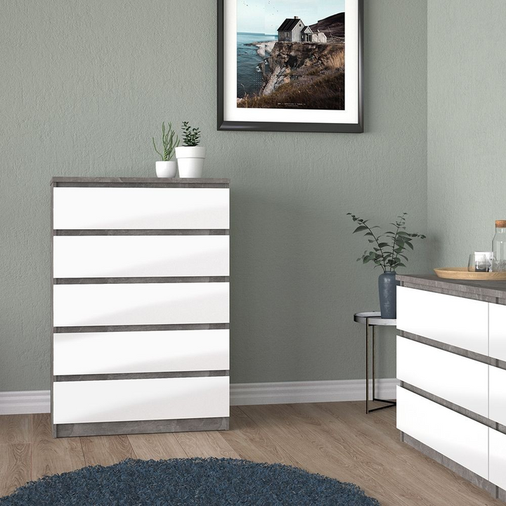 Brook Chest of 5 Drawers in Concrete and White High Gloss | Chest of Drawers | Drawers 