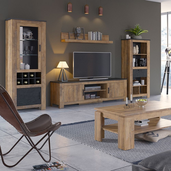 Darwen 2 Door Display Cabinet with Wine Rack in Chestnut and Matera Grey | Dining Cabinet | Dining Cabinets