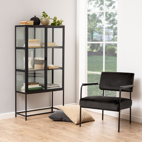 Wishaw 2 Glass Door Display Cabinet in Black & Oak | Dining Cabinet | Dining Cabinets