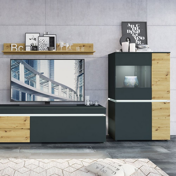 Ecclesfield 4 Door Low Display Cabinet (including LED lighting) in Platinum and Oak | Dining Cabinet | Dining Cabinets