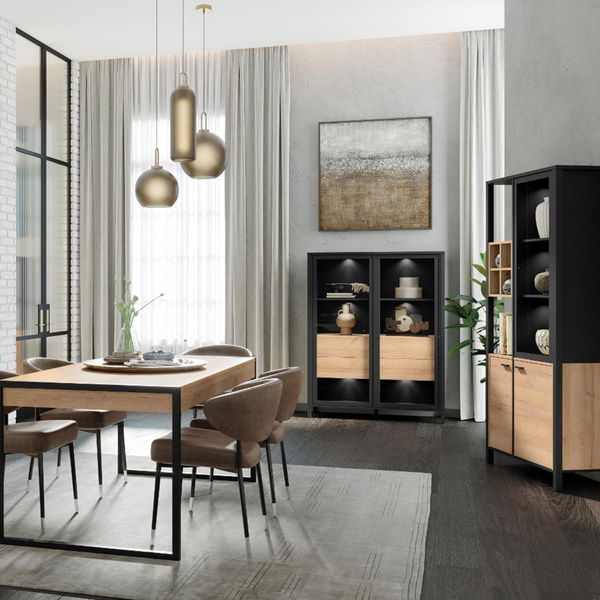 Upminster Rock Extra Wide Display Cabinet in Matt Black/Riviera Oak | Dining Cabinet | Dining Cabinets