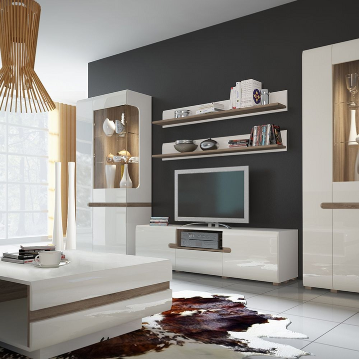 Cheadle Living Tall Glazed Narrow Display Unit (LHD) in White with a Truffle Oak Trim | Dining Cabinet | Dining Cabinets