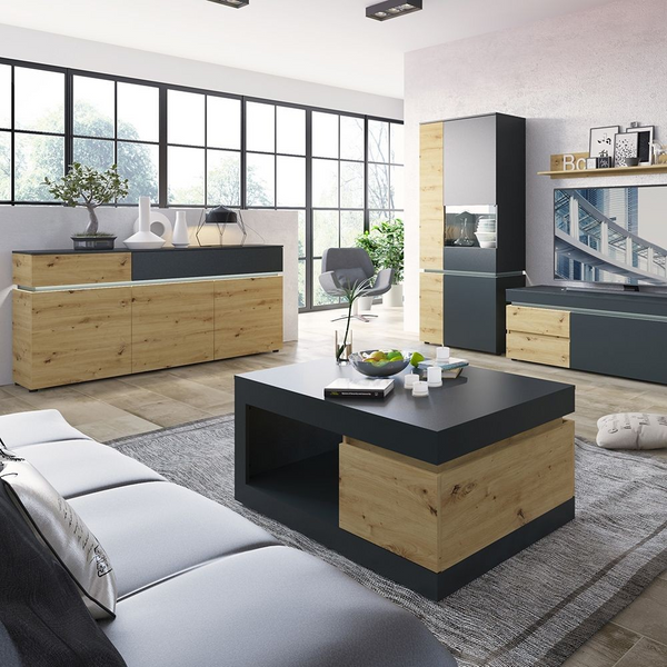 Ecclesfield 2 Door 2 Drawer Cabinet (including LED lighting) in Platinum and Oak | Dining Cabinet | Dining Cabinets