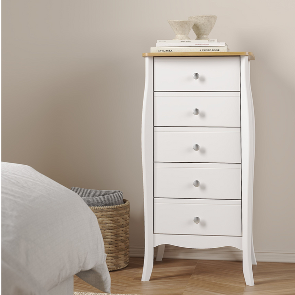 Rhyl 5 Drawer Narrow in Pure White Iced Coffee Lacquer | Chest of Drawers | Drawers 