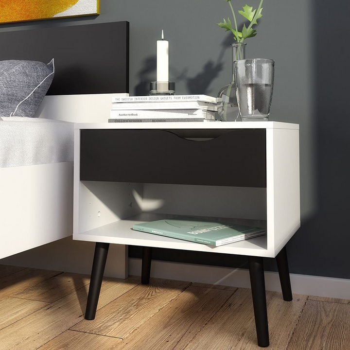 Luton Bedside 1 Drawer in White and Black Matt | Bedside Cabinet | Bedside Cabinets | Bedroom Cabinet