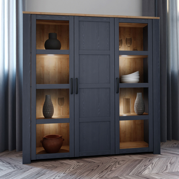 Hitchin 3 Door Large Display Cabinet in Riviera Oak/Navy | Dining Cabinet | Dining Cabinets