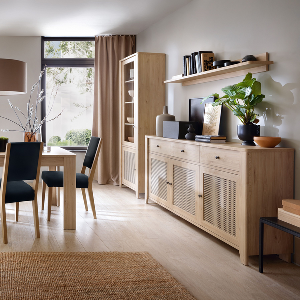 Braintree 2 Door 2 Drawer Display Cabinet in Jackson Hickory Oak and Rattan Effect | Dining Cabinet | Dining Cabinets