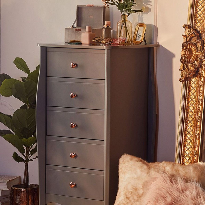 Rhyl 5 Drawer Narrow in Folkestone Grey with Rose Gold Colour Handles | Chest of Drawers | Drawers 