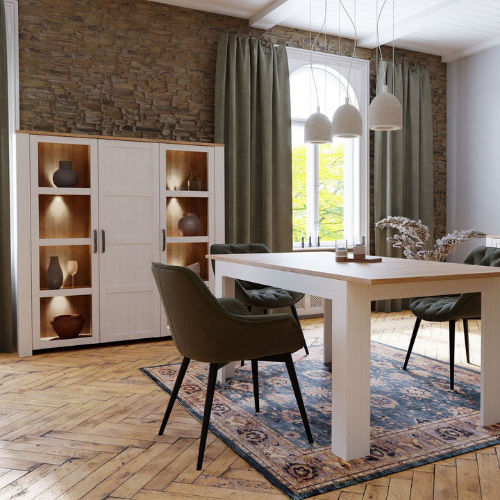 Hitchin 3 Door Large Display Cabinet in Riviera Oak/White | Dining Cabinet | Dining Cabinets