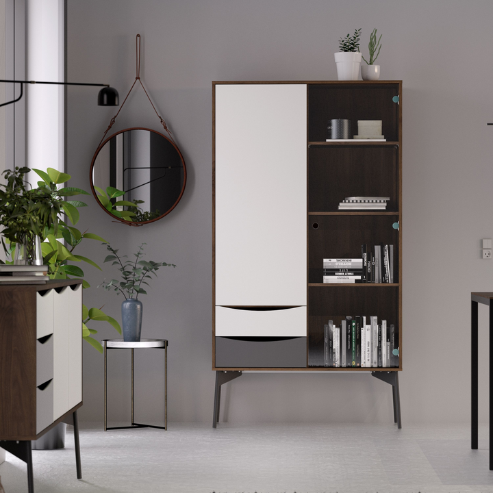 Rutherglen China Cabinet 1 Door 1 Glass Door 2 Drawers in Grey, White and Walnut | Dining Cabinet | Dining Cabinets