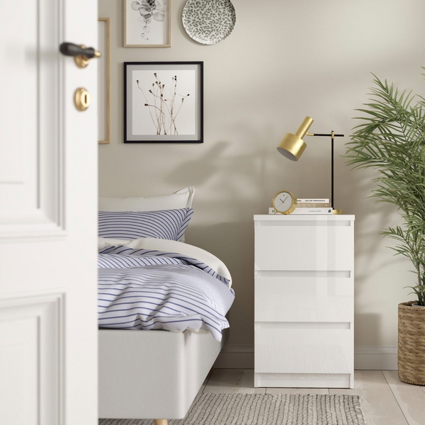 Brook Bedside 3 Drawers in White High Gloss | Bedside Cabinet | Bedside Cabinets | Bedroom Cabinet