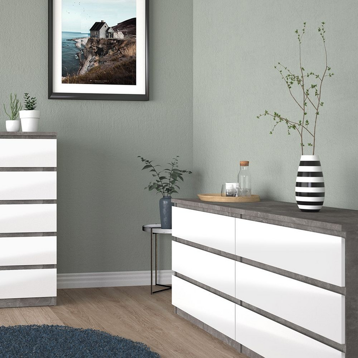 Brook Wide Chest of 6 Drawers (3+3) in Concrete and White High Gloss | Chest of Drawers | Drawers 