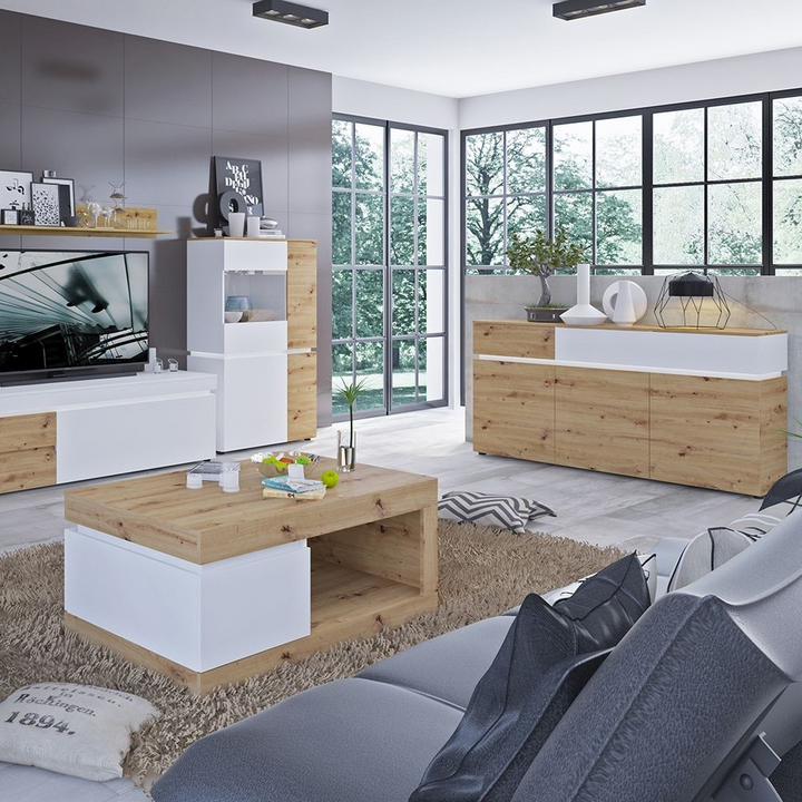 Ecclesfield 6 Door Cabinet (including LED lighting) in White and Oak | Dining Cabinet | Dining Cabinets