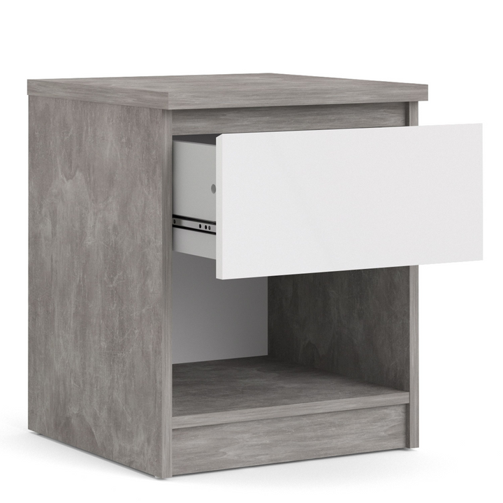 Brook Bedside 1 Drawer 1 Shelf in Concrete and White High Gloss | Bedside Cabinet | Bedside Cabinets | Bedroom Cabinet