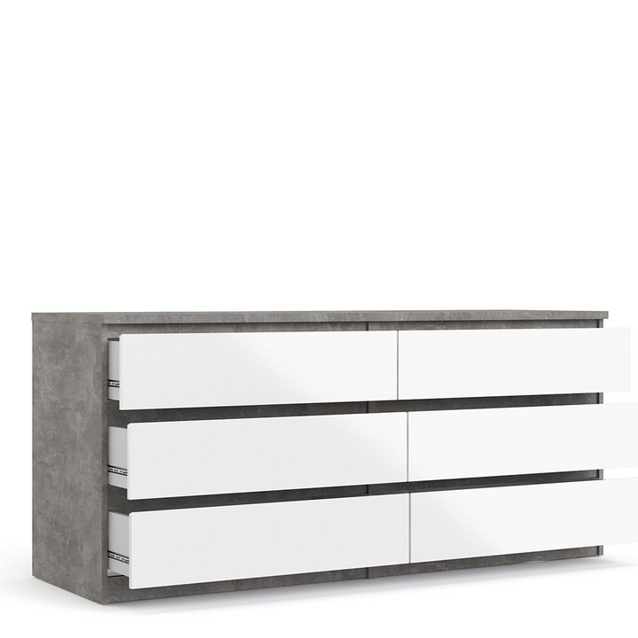 Brook Wide Chest of 6 Drawers (3+3) in Concrete and White High Gloss | Chest of Drawers | Drawers 