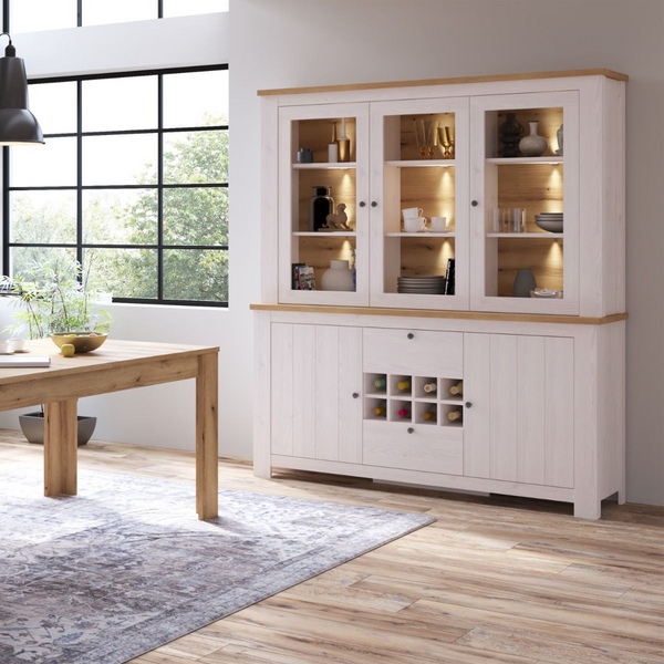 Deal 2 Door 2 Drawer Sideboard with 3 Door Display Top Unit in White and Oak | Dining Cabinet | Dining Cabinets