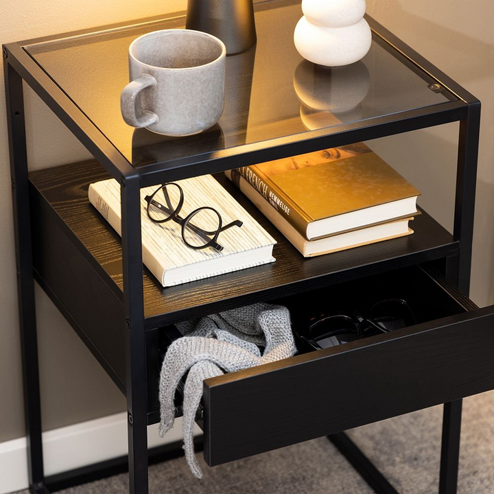 Ilford Bedside Table in Black with Smoked Glass | Bedside Cabinet | Bedside Cabinets | Bedroom Cabinet