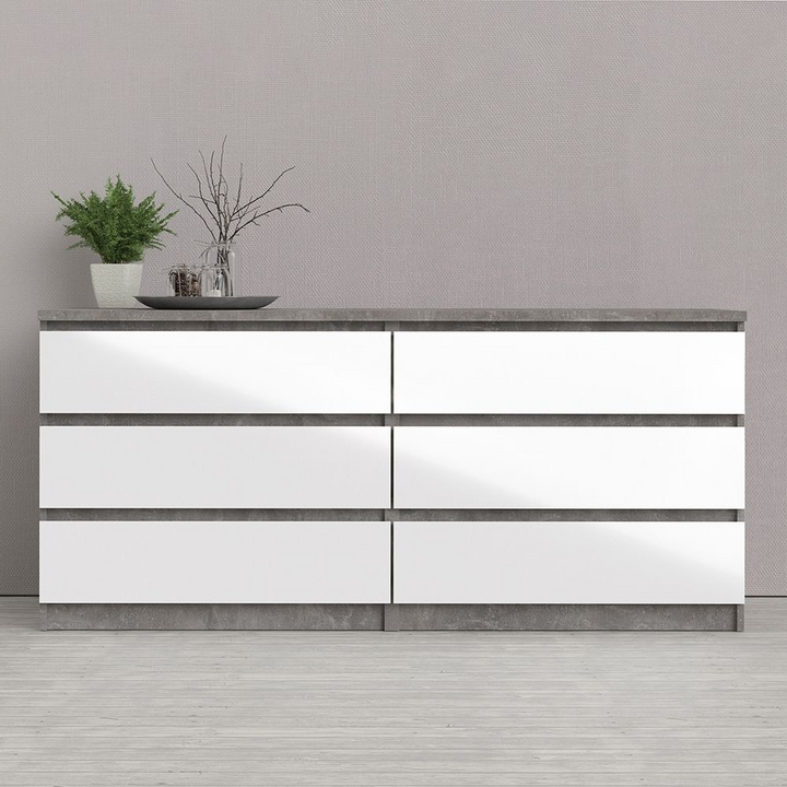 Brook Wide Chest of 6 Drawers (3+3) in Concrete and White High Gloss | Chest of Drawers | Drawers 