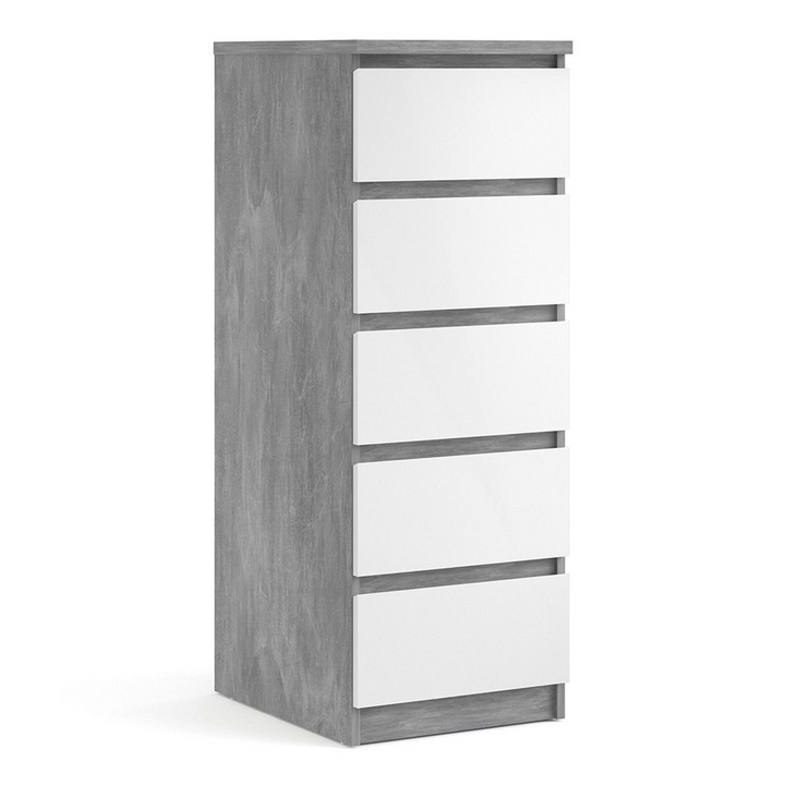 Brook Narrow Chest of 5 Drawers in Concrete and White High Gloss | Chest of Drawers | Drawers 