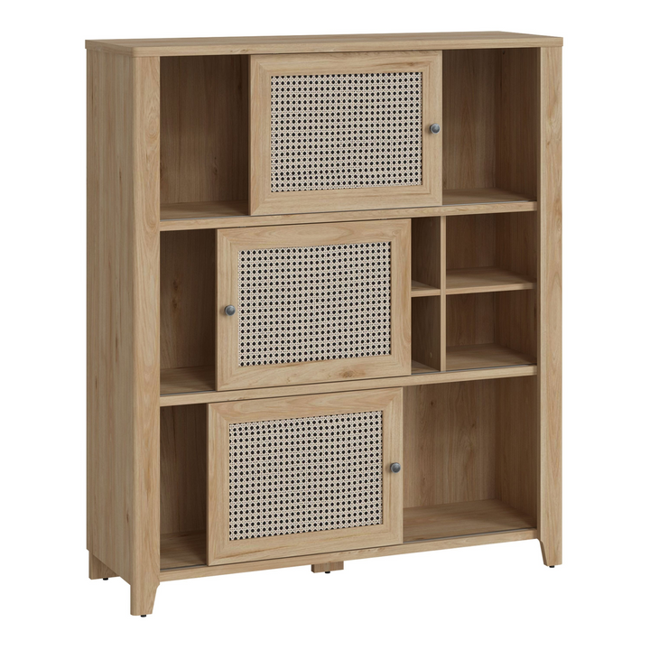 Braintree 3 Sliding Door Cabinet in Jackson Hickory Oak and Rattan Effect | Dining Cabinet | Dining Cabinets