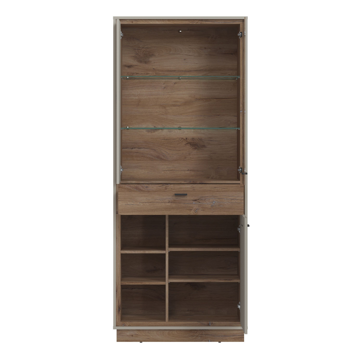 Huyton 3 Door 1 Drawer Open Shelves Wide Display Cabinet in Grey and Oak | Dining Cabinet | Dining Cabinets