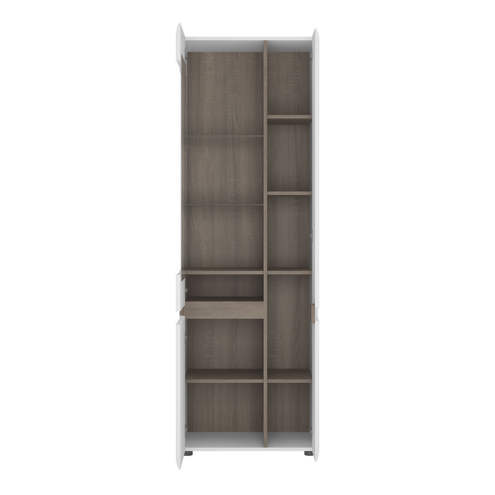 Cheadle Living Tall Glazed Narrow Display Unit (RHD) in White with a Truffle Oak Trim | Dining Cabinet | Dining Cabinets