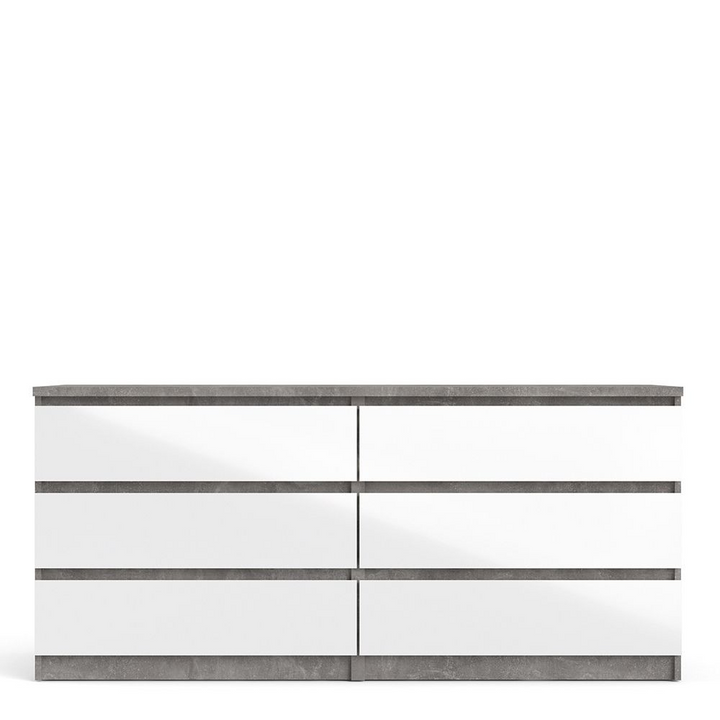 Brook Wide Chest of 6 Drawers (3+3) in Concrete and White High Gloss | Chest of Drawers | Drawers 