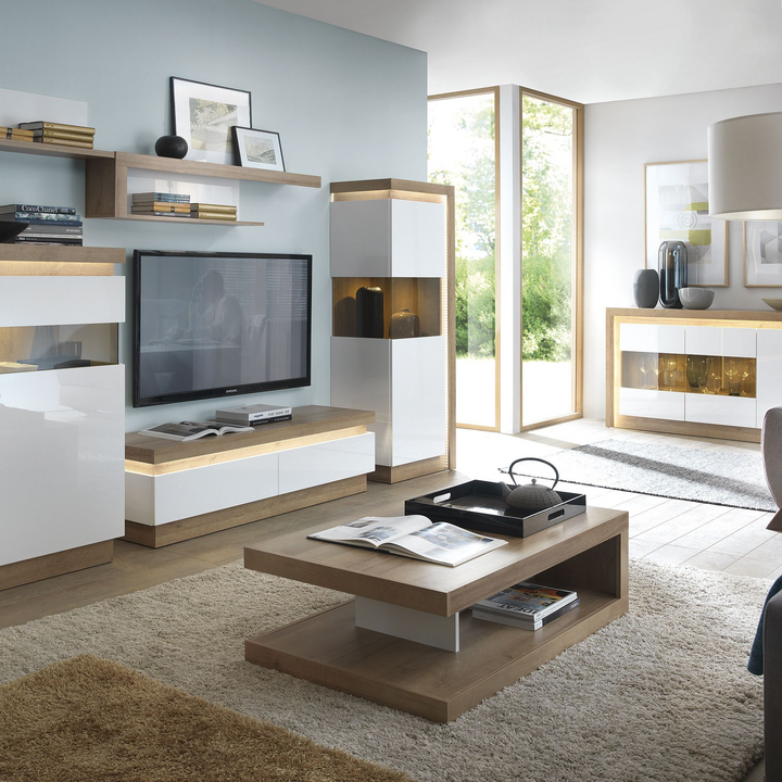Earley Tall Narrow Display Cabinet (LHD) in Riviera Oak/White High Gloss | Dining Cabinet | Dining Cabinets