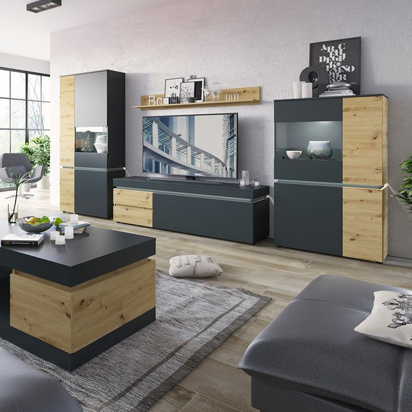Ecclesfield 6 Door Cabinet (including LED lighting) in Platinum and Oak | Dining Cabinet | Dining Cabinets