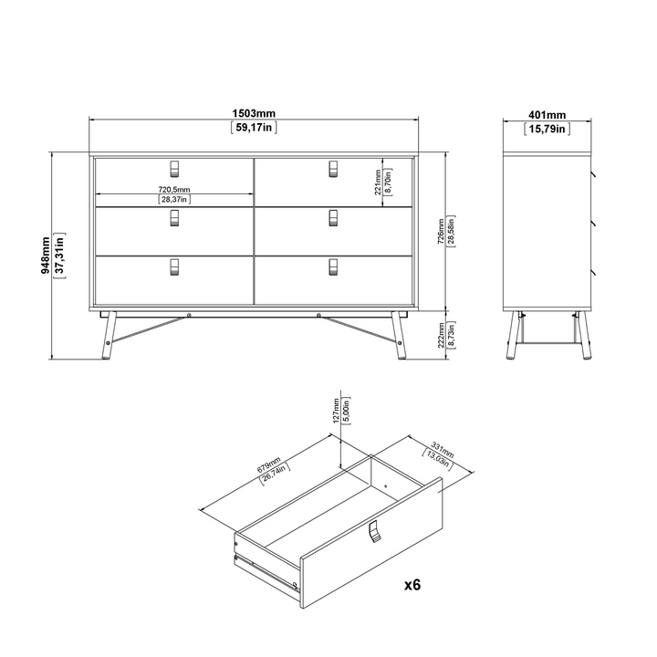 Moubray Wide Double Chest of Drawers 6 Drawers in Matt Black Walnut | Chest of Drawers | Drawers 