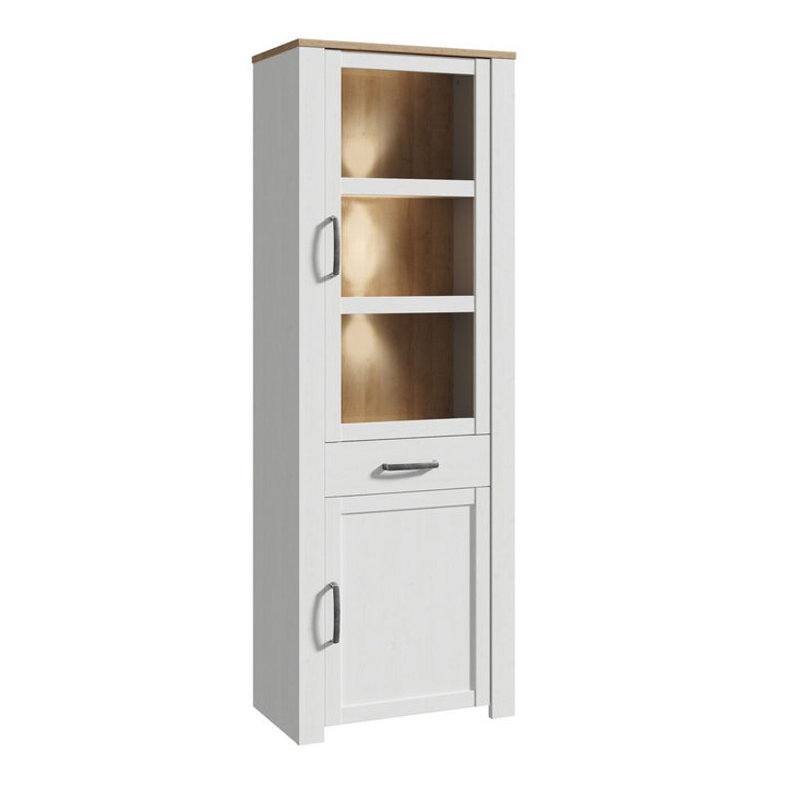 Hitchin 2 Door 1 Drawer Narrow Display Cabinet in Riviera Oak/White | Dining Cabinet | Dining Cabinets